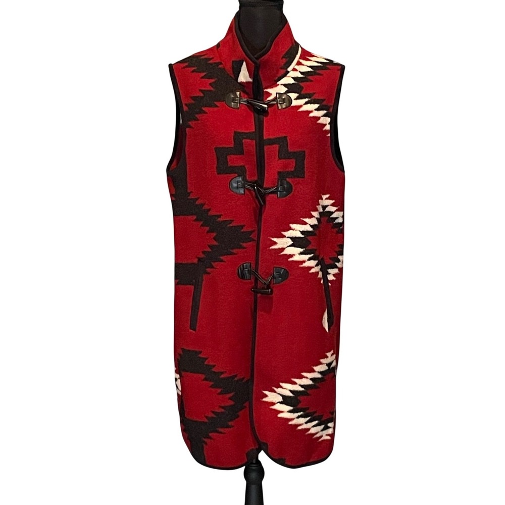 Tasha Polizzi Southwestern Geometric Longline Toggle Vest Red Black Women Medium